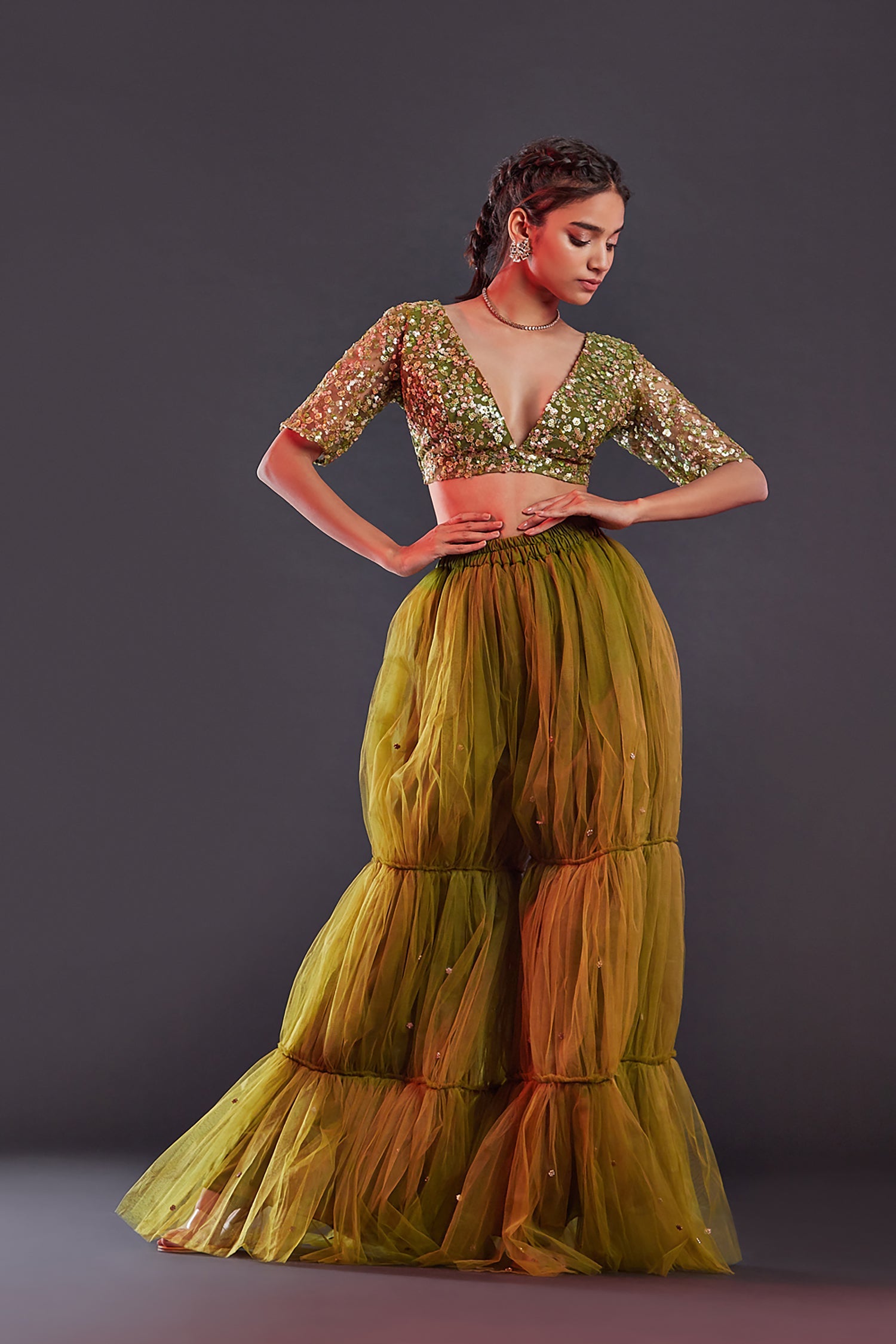 Olive Polyester Mesh Embroidered Crop Top
