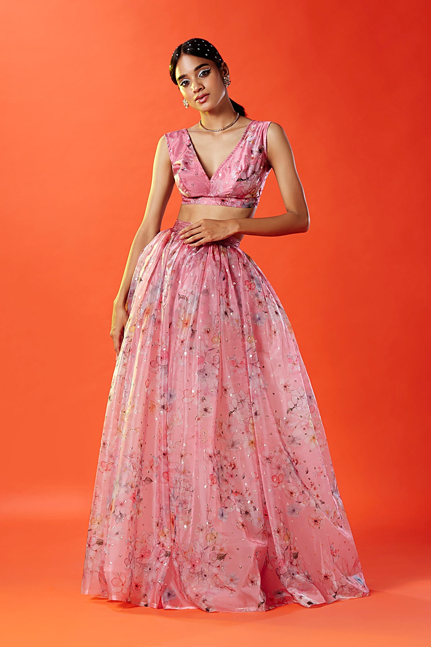 Pink Chanderi Embroidered Crop Top