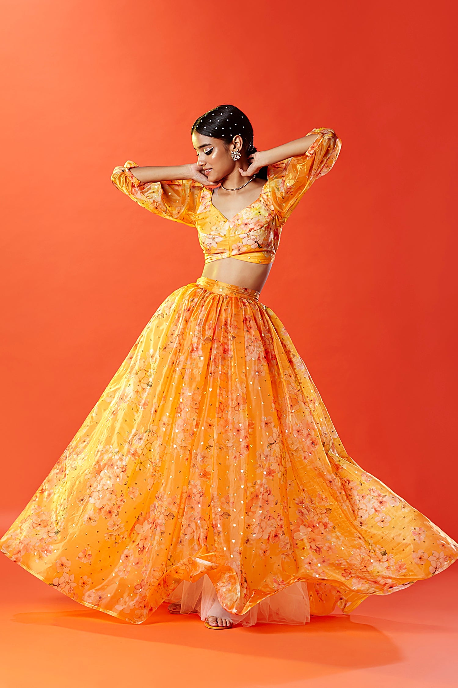 Mustard Tulle Floral Printed &amp; Embellished Top