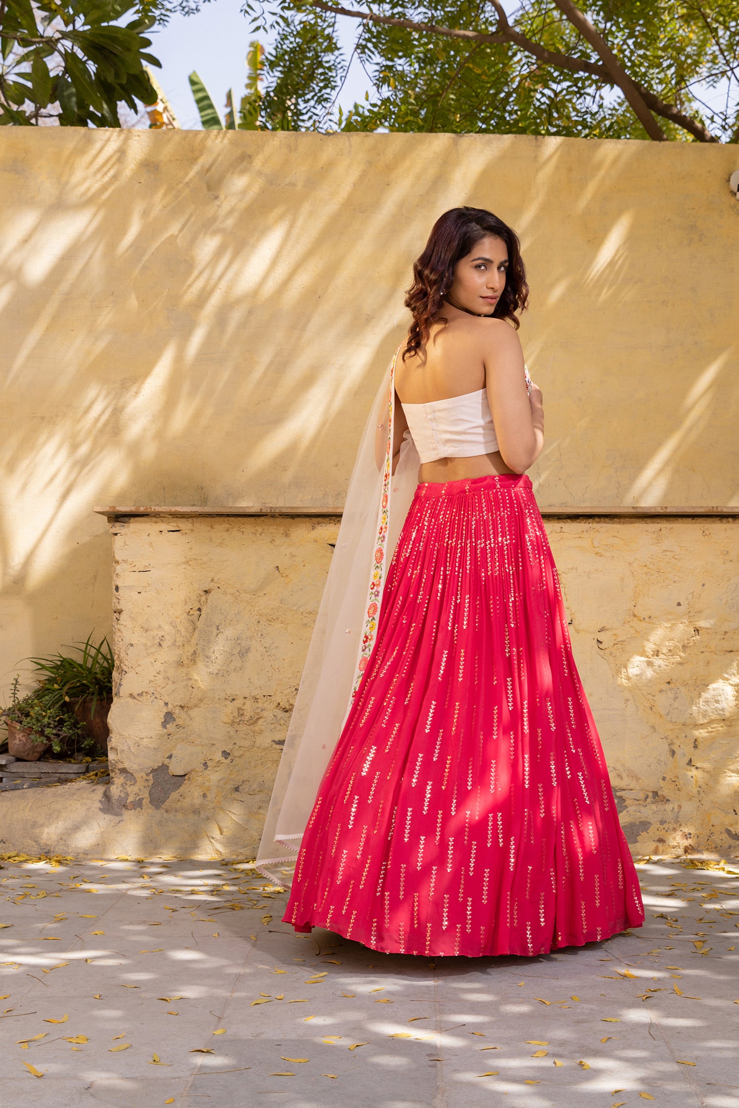 Coral and Light Peach Hand Embroidered Lehenga Set