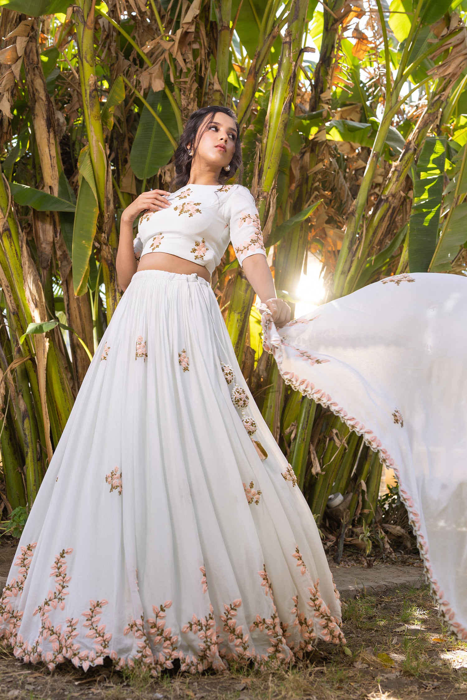 Light Blue Georgette Lehenga Set with Multi Color Thread Embroidery and Pearl Details