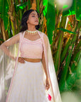 Off White Georgette and Net Lehenga Set with Geometrical Embroidered Blouse and Cut Work Dupatta