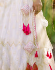 Off White Georgette and Net Lehenga Set with Geometrical Embroidered Blouse and Cut Work Dupatta