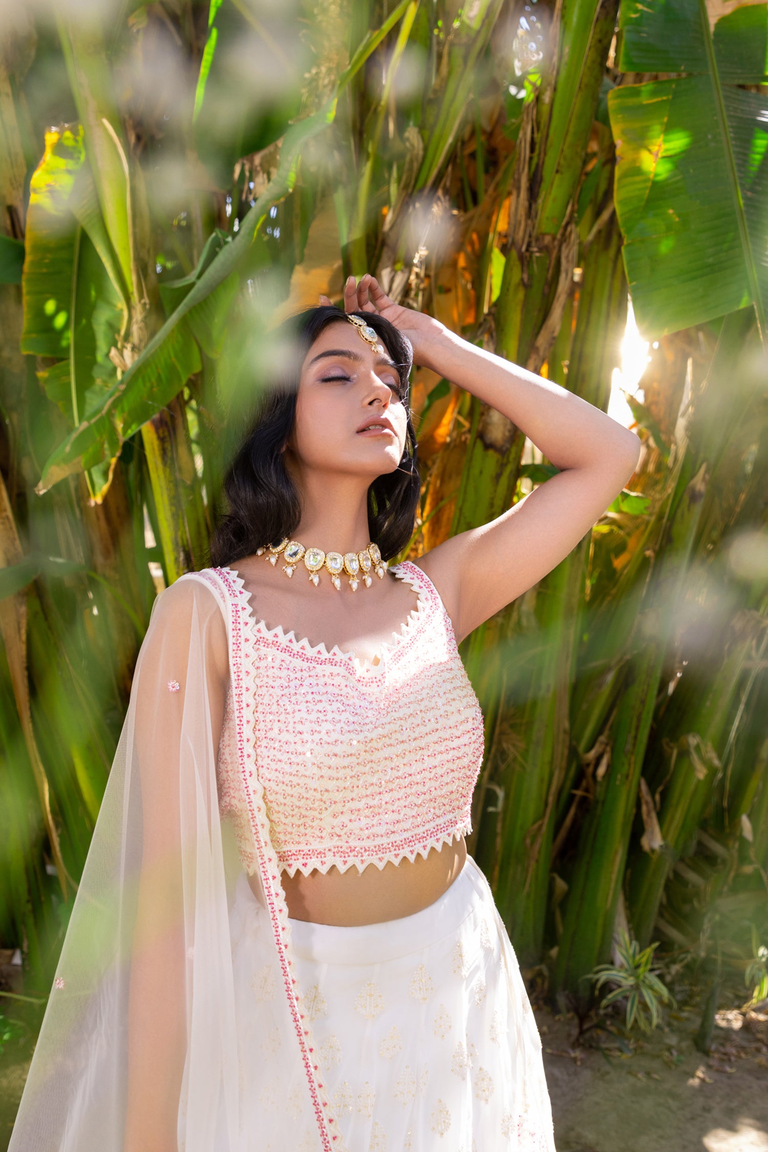 Off White Georgette and Net Lehenga Set with Geometrical Embroidered Blouse and Cut Work Dupatta