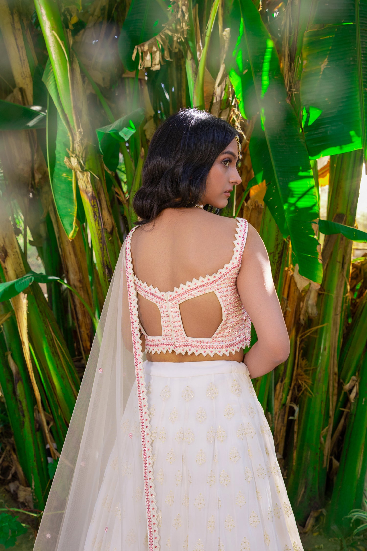 Off White Georgette and Net Lehenga Set with Geometrical Embroidered Blouse and Cut Work Dupatta