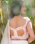 Off White Georgette and Net Lehenga Set with Geometrical Embroidered Blouse and Cut Work Dupatta
