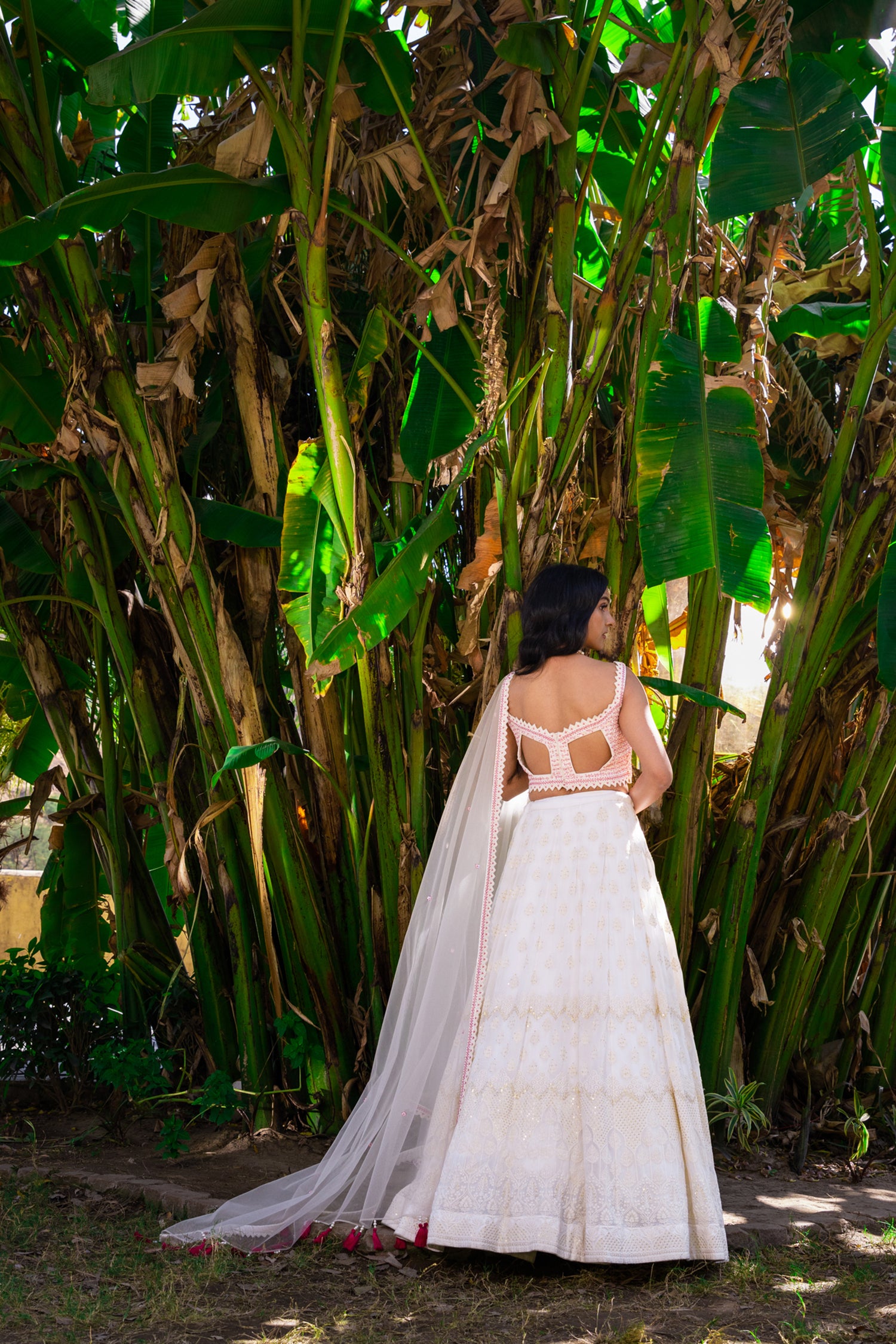 Off White Georgette and Net Lehenga Set with Geometrical Embroidered Blouse and Cut Work Dupatta
