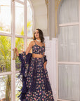 Navy Blue Printed Lehenga Set with Corset Blouse and 3-Layer Organza Ruffle Dupatta