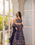 Navy Blue Printed Lehenga Set with Corset Blouse and 3-Layer Organza Ruffle Dupatta