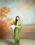 GREEN + ORGANZA DETAILING + COTTON SILK & ORGANZA + KURTA SET + 3 PCS