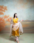 YELLOW & PINK + TEXTURED DETAILING + COTTON BLEND + ANARKALI SET + 3 PCS