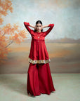 MAROON & PINK + PEARL & LUMPS DETAILING + GEORGETTE + PEPLUM GHARARA SET + 3 PCS