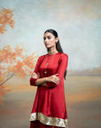 MAROON & PINK + PEARL & LUMPS DETAILING + GEORGETTE + PEPLUM GHARARA SET + 3 PCS