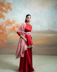 MAROON & PINK + PEARL & LUMPS DETAILING + GEORGETTE + PEPLUM GHARARA SET + 3 PCS