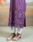 PURPLE + EMBROIDERY + COTTON SILK + KURTA + 1 PC