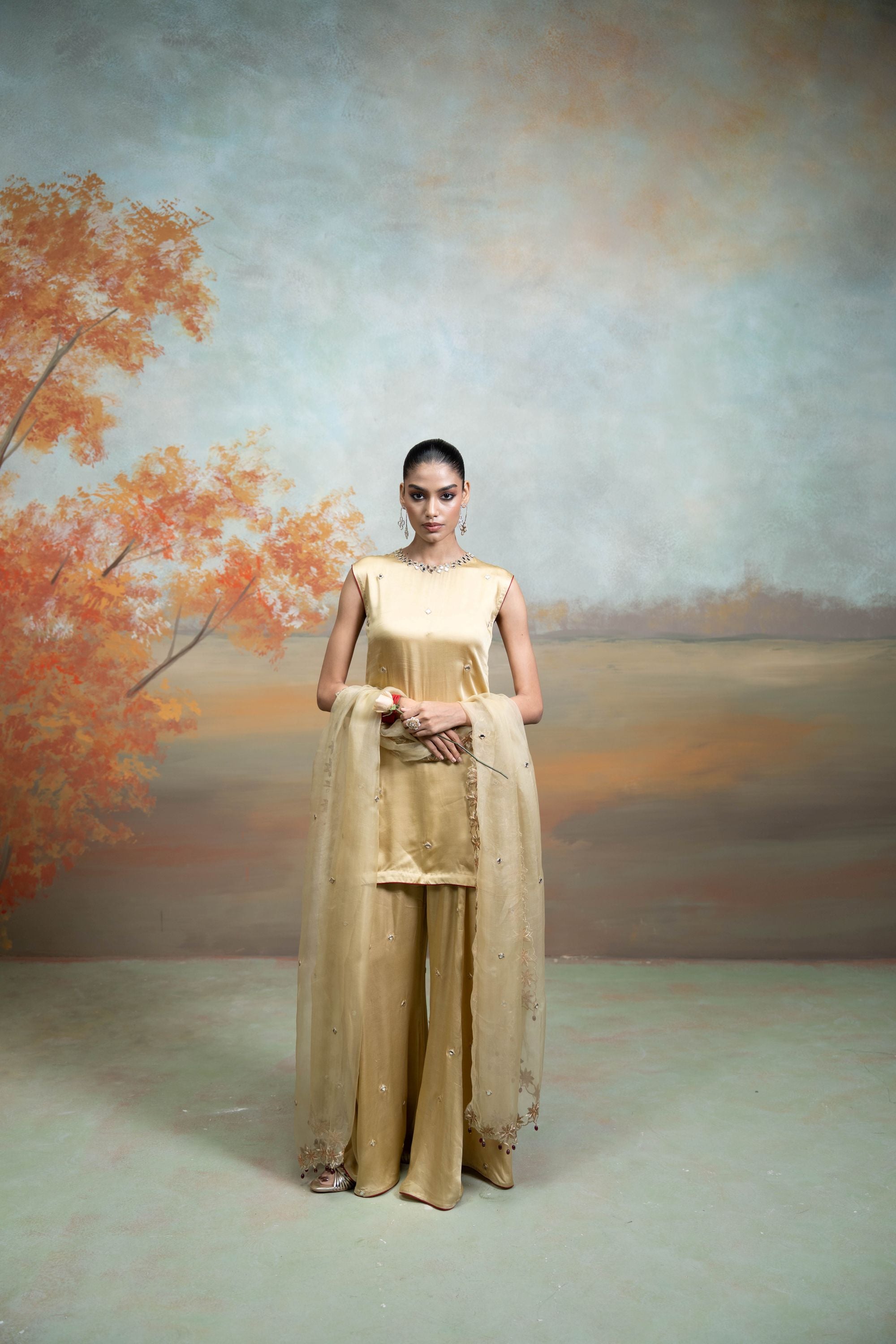 GOLDEN + MIRROR ZARI WORK + ORGANZA + KURTA SET + 3 PCS
