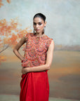 RED + ZARI CUTDANA PEARL WORK + SILK BLEND + DRAPE SKIRT SET + 2 PCS