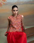 RED + ZARI CUTDANA PEARL WORK + SILK BLEND + DRAPE SKIRT SET + 2 PCS