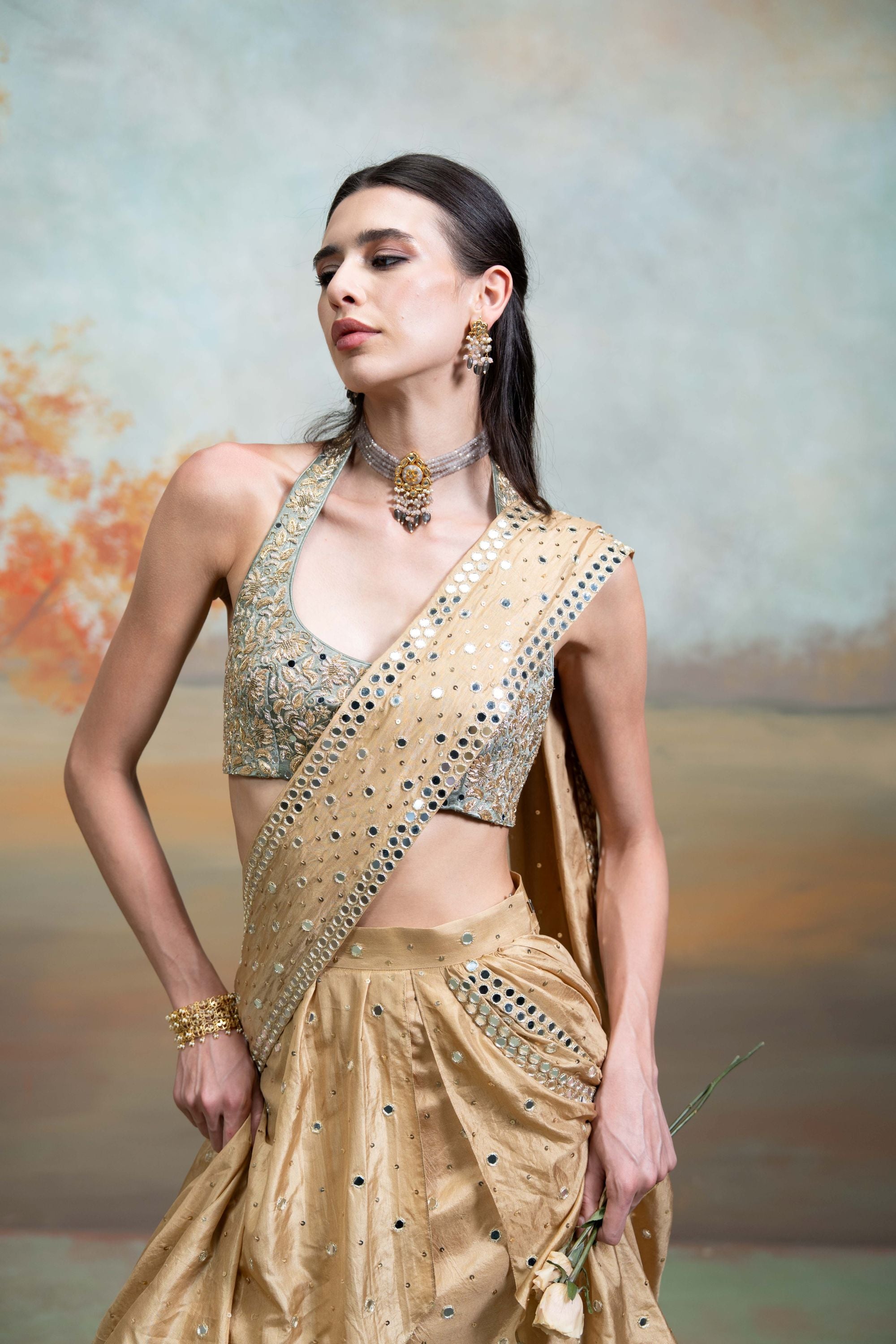GOLDEN &amp; GREEN + ZARDOZI MIRROR WORK + SILK + LEHENGA SET + 2 PCS