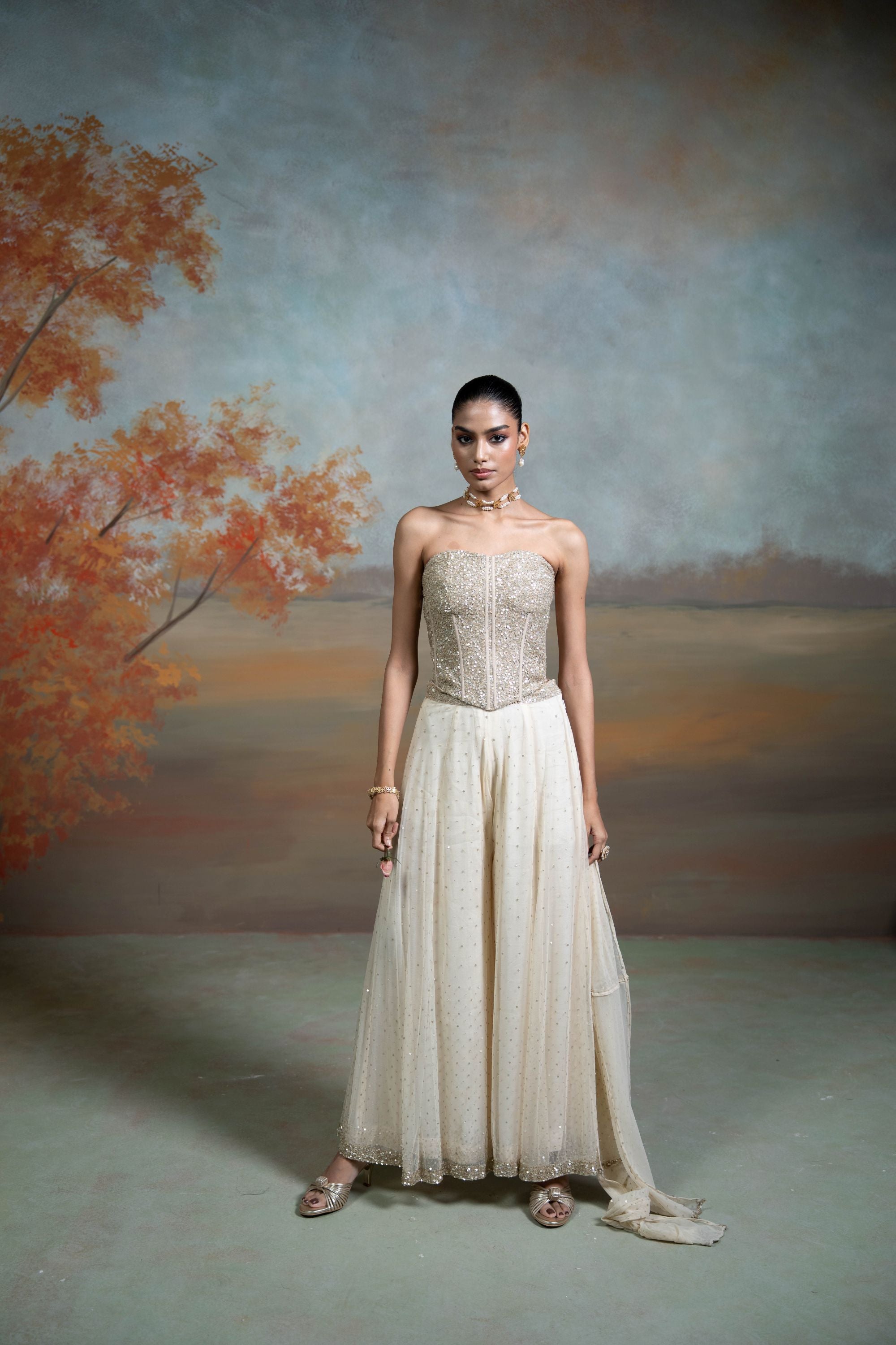 BEIGE + SEQUIN WORK + NET + SHARARA SET + 2 PCS