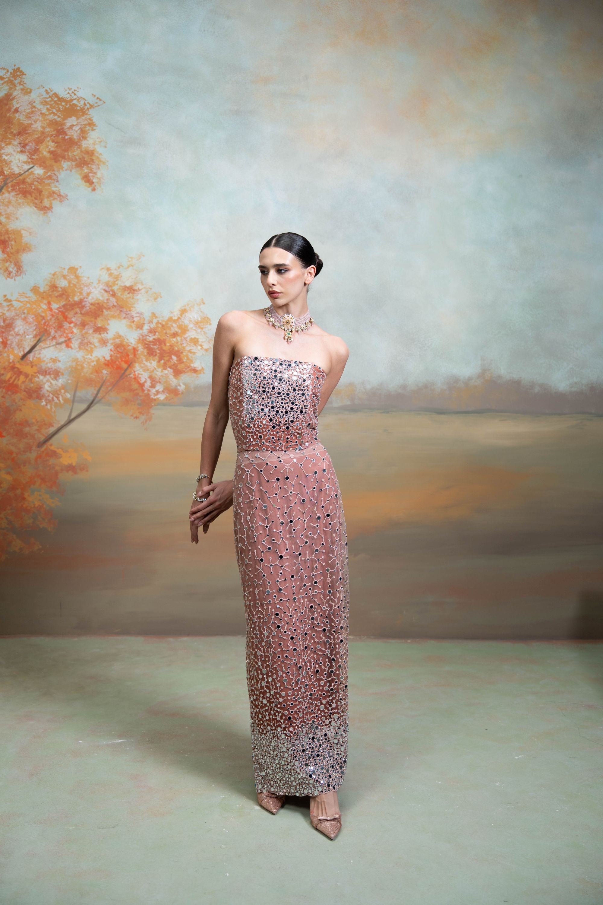 PINK + MIRROR DORI WORK + SILK BLEND + CORSET SKIRT SET + 2 PCS