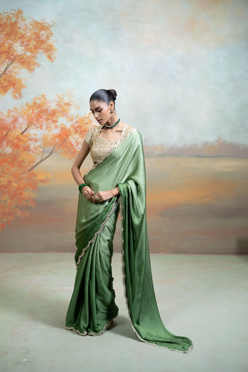 GREEN &amp; GOLDEN + MIRROR SEQUIN WORK + GEORGETTE + SAREE SET + 2 PCS