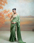 GREEN & GOLDEN + MIRROR SEQUIN WORK + GEORGETTE + SAREE SET + 2 PCS