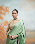GREEN & GOLDEN + MIRROR SEQUIN WORK + GEORGETTE + SAREE SET + 2 PCS