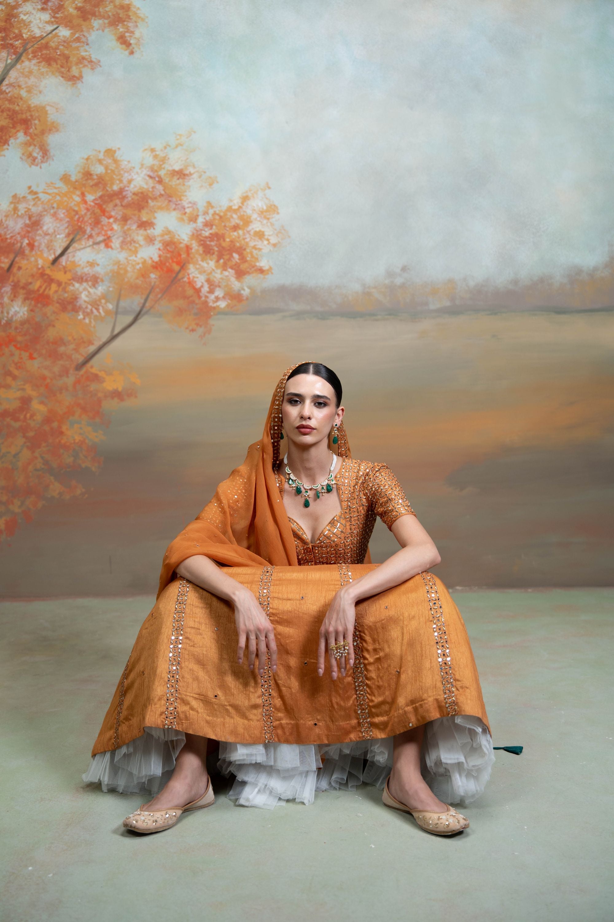 ORANGE + ZARDOZI MIRROR CUTDANA WORK + RAW SILK + LEHENGA SET + 3 PCS