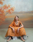 ORANGE + ZARDOZI MIRROR CUTDANA WORK + RAW SILK + LEHENGA SET + 3 PCS