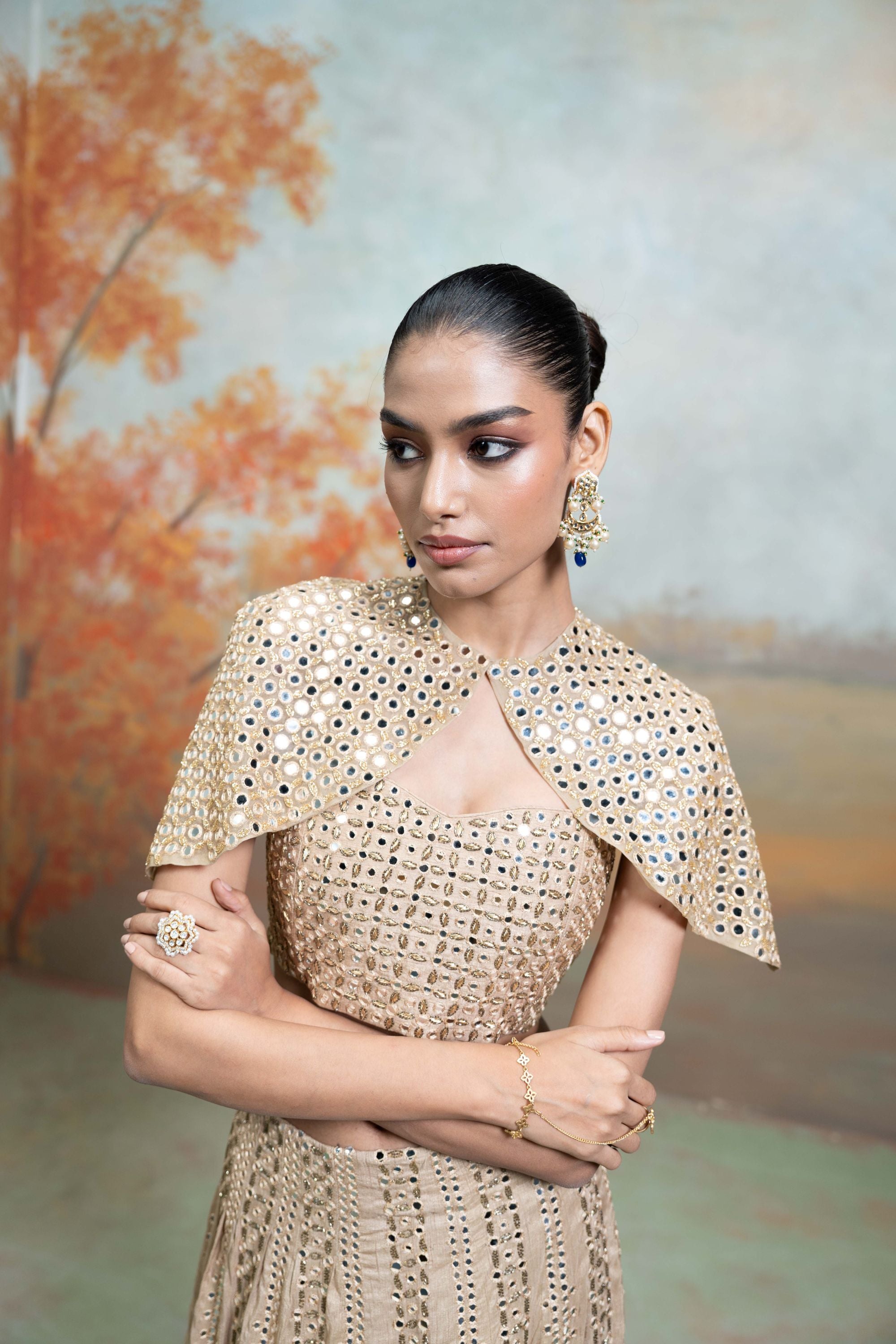 GOLDEN + ZARDOZI MIRROR CUTDANA WORK + RAW SILK + LEHENGA SET + 3 PCS
