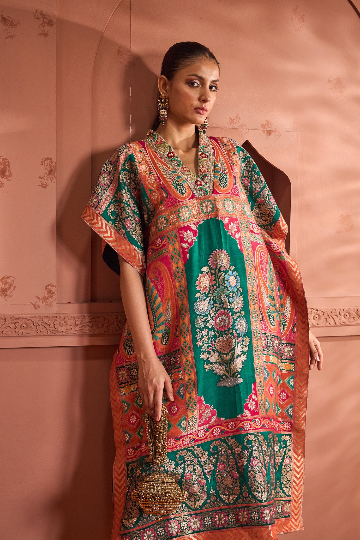 Banarasi Begum Embroidered Kaftan - Green Orange