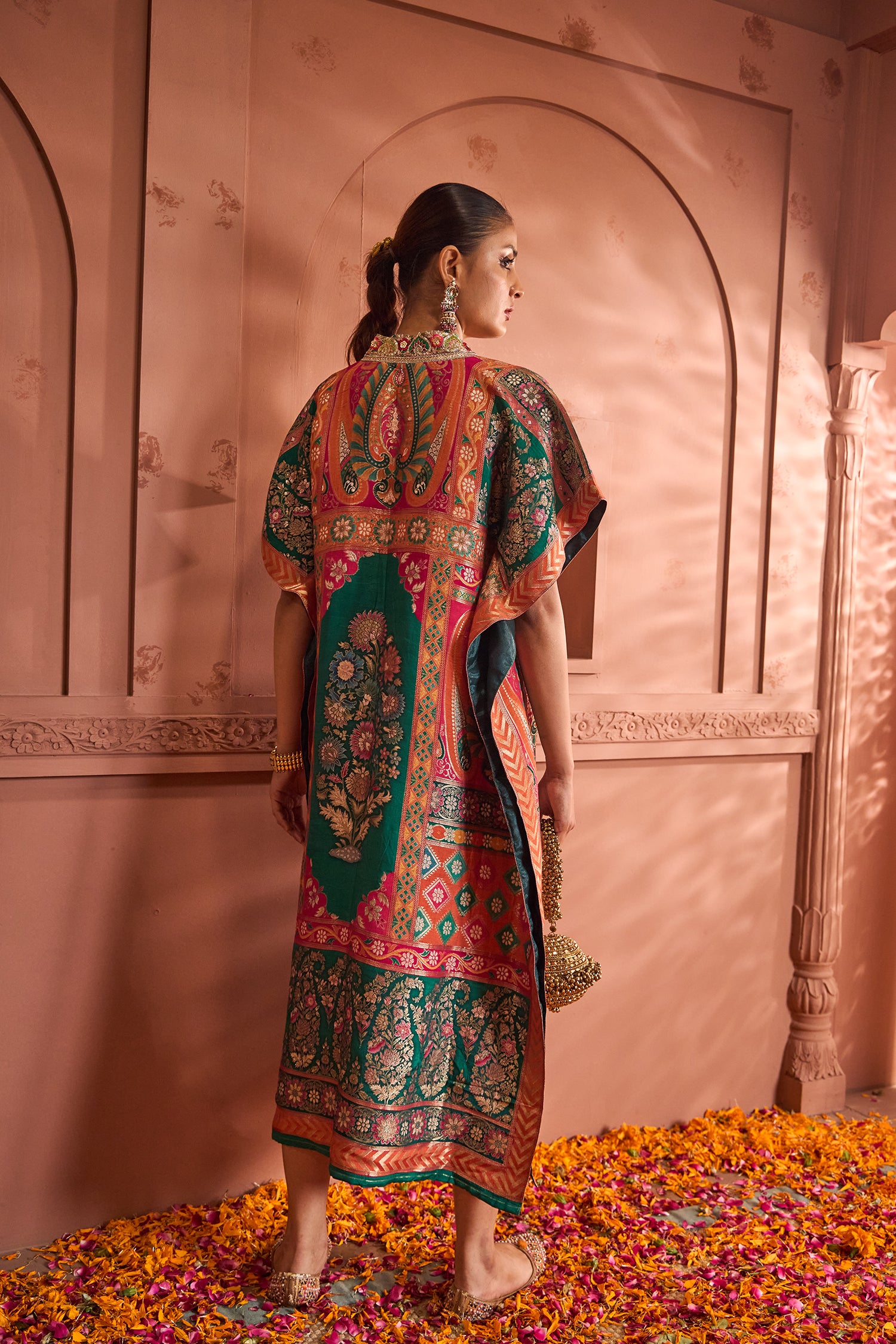Banarasi Begum Embroidered Kaftan - Green Orange