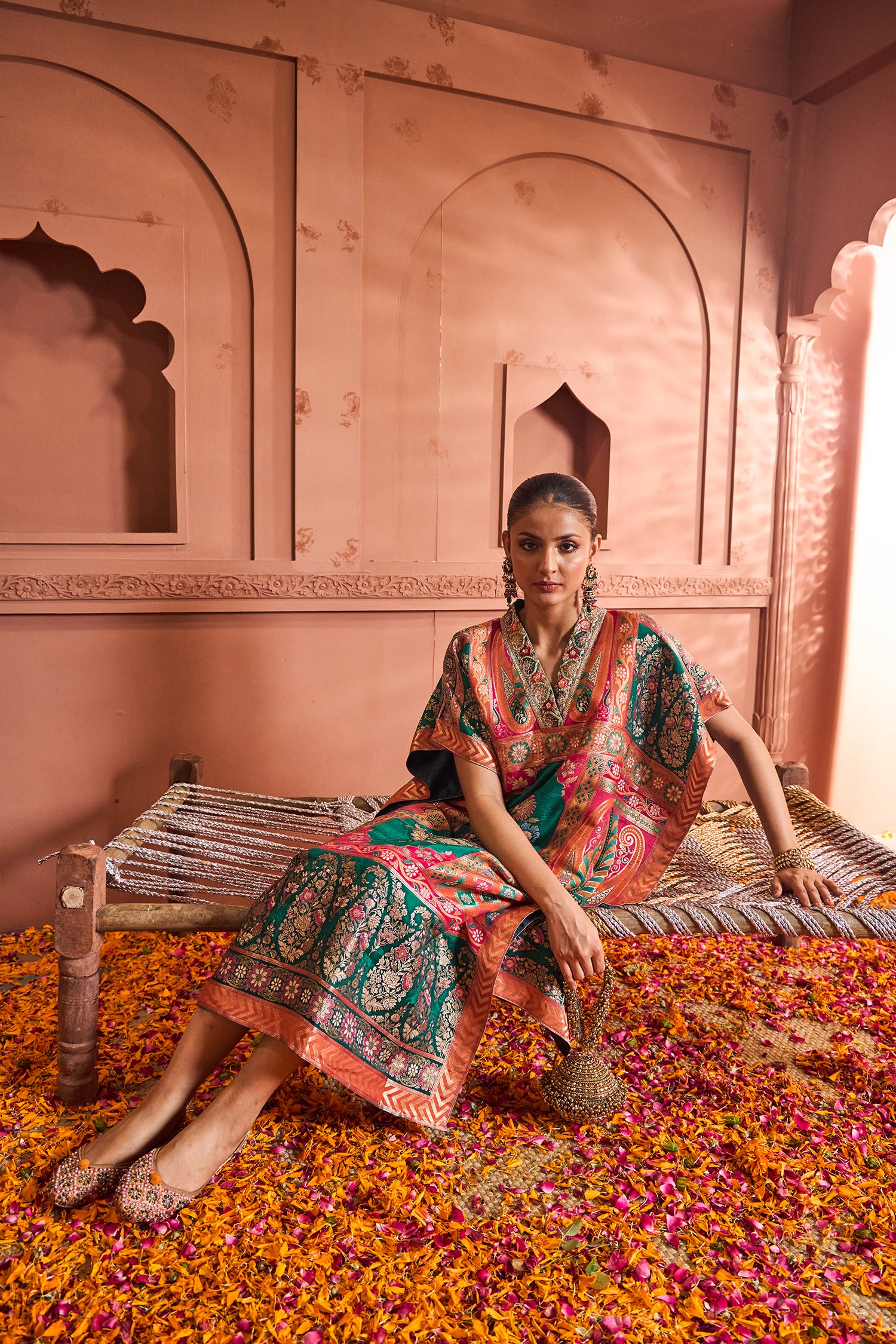 Banarasi Begum Embroidered Kaftan - Green Orange