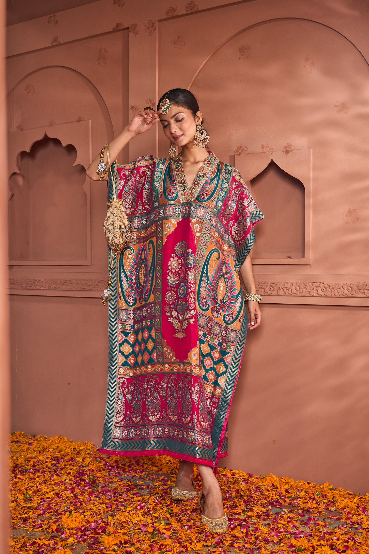 Banarasi Begum Embroidered Kaftan - Green Red