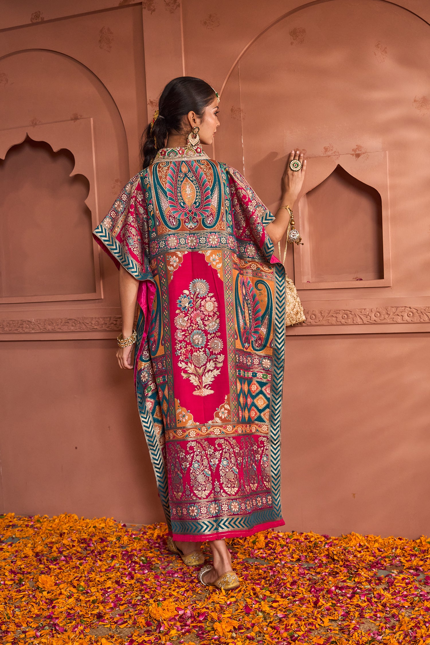 Banarasi Begum Embroidered Kaftan - Green Red