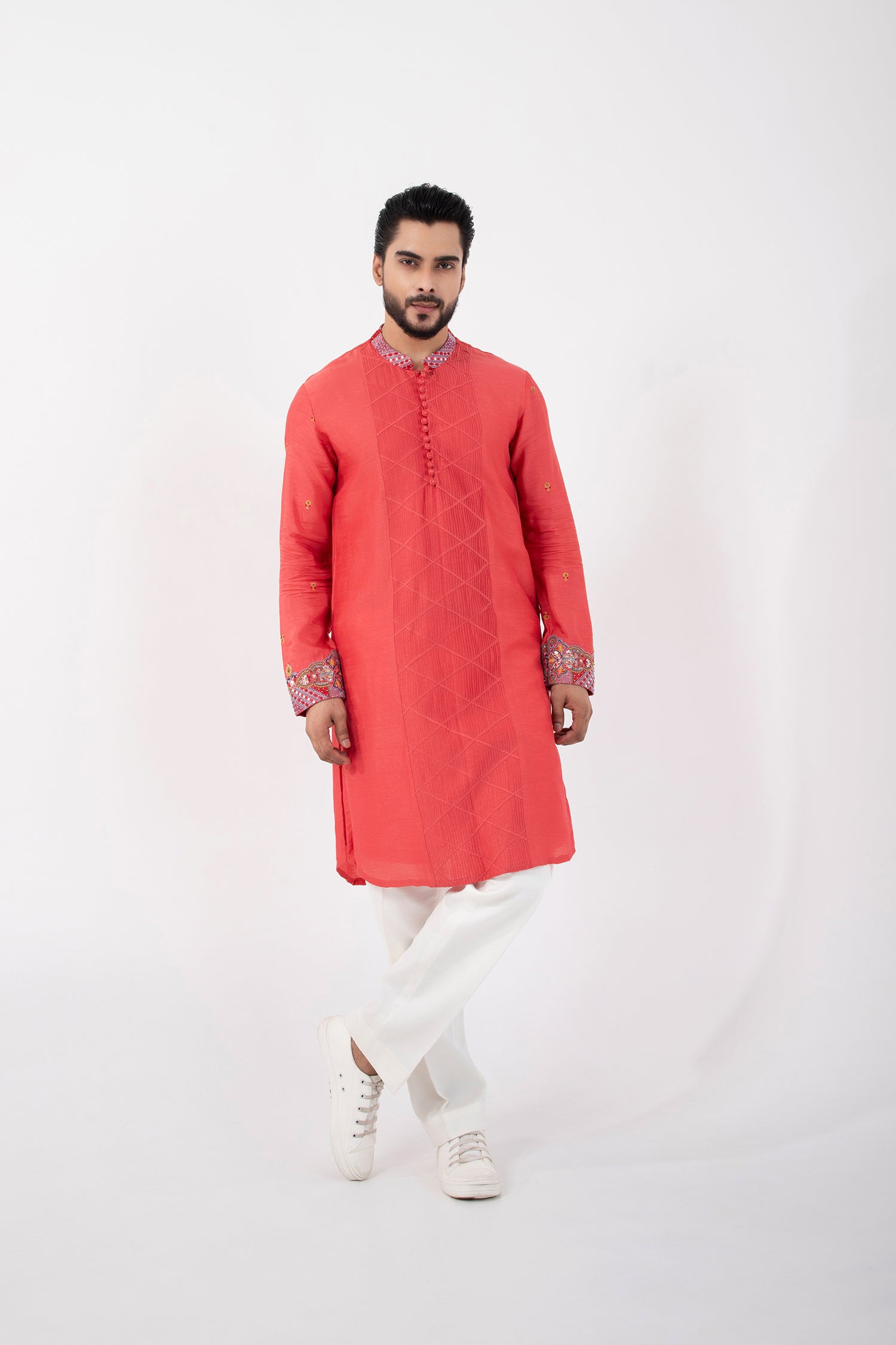 Coral Red Nehru and Kurta Set