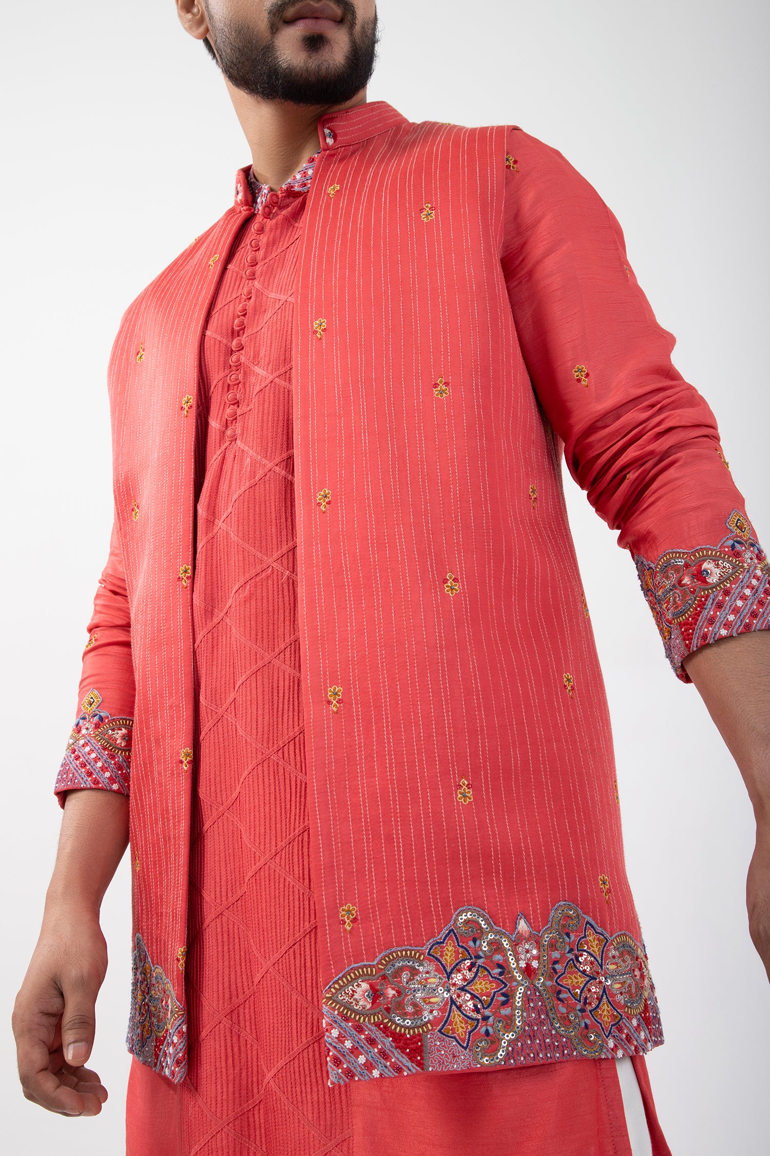 Coral Red Nehru and Kurta Set