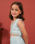 Blue Handcrafted Crop Top & Flared Pants Set for Girls