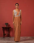 Pre-Draped Brown Saree with Embroidered Blouse & Detachable Belt