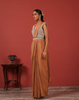 Pre-Draped Brown Saree with Embroidered Blouse & Detachable Belt