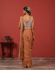 Pre-Draped Brown Saree with Embroidered Blouse & Detachable Belt