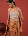 Pre-Draped Brown Saree Set with Slit Skirt