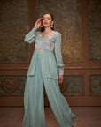 Crop Top and Flared Pants Fusion Set with Sequin Embroidery - Silk