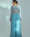 Sequin Embroidered Crop Top and Flared Pants Fusion Set - Blue