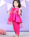 Potli Button Detail Front Open Pink Kurti and Dhoti with Net Dupatta
