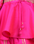 Potli Button Detail Front Open Pink Kurti and Dhoti with Net Dupatta