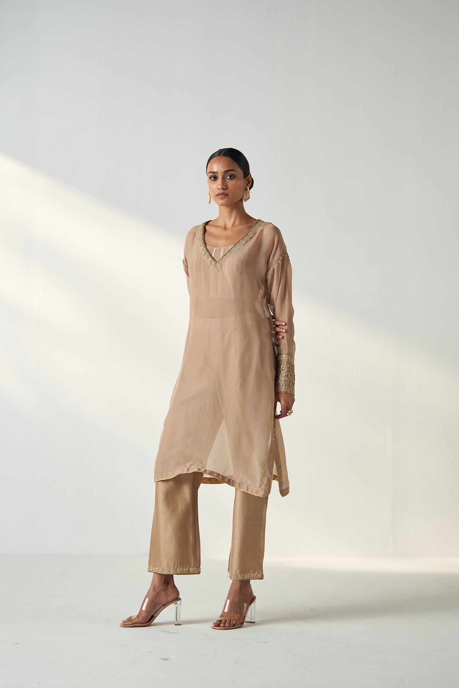 Pakhi Fawn Sheer Kurta Pant Set