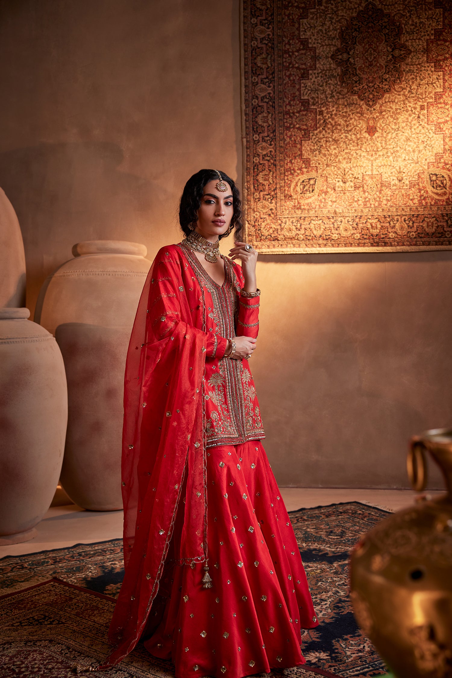 Tomato Red Hand Embroidered Kurta Set