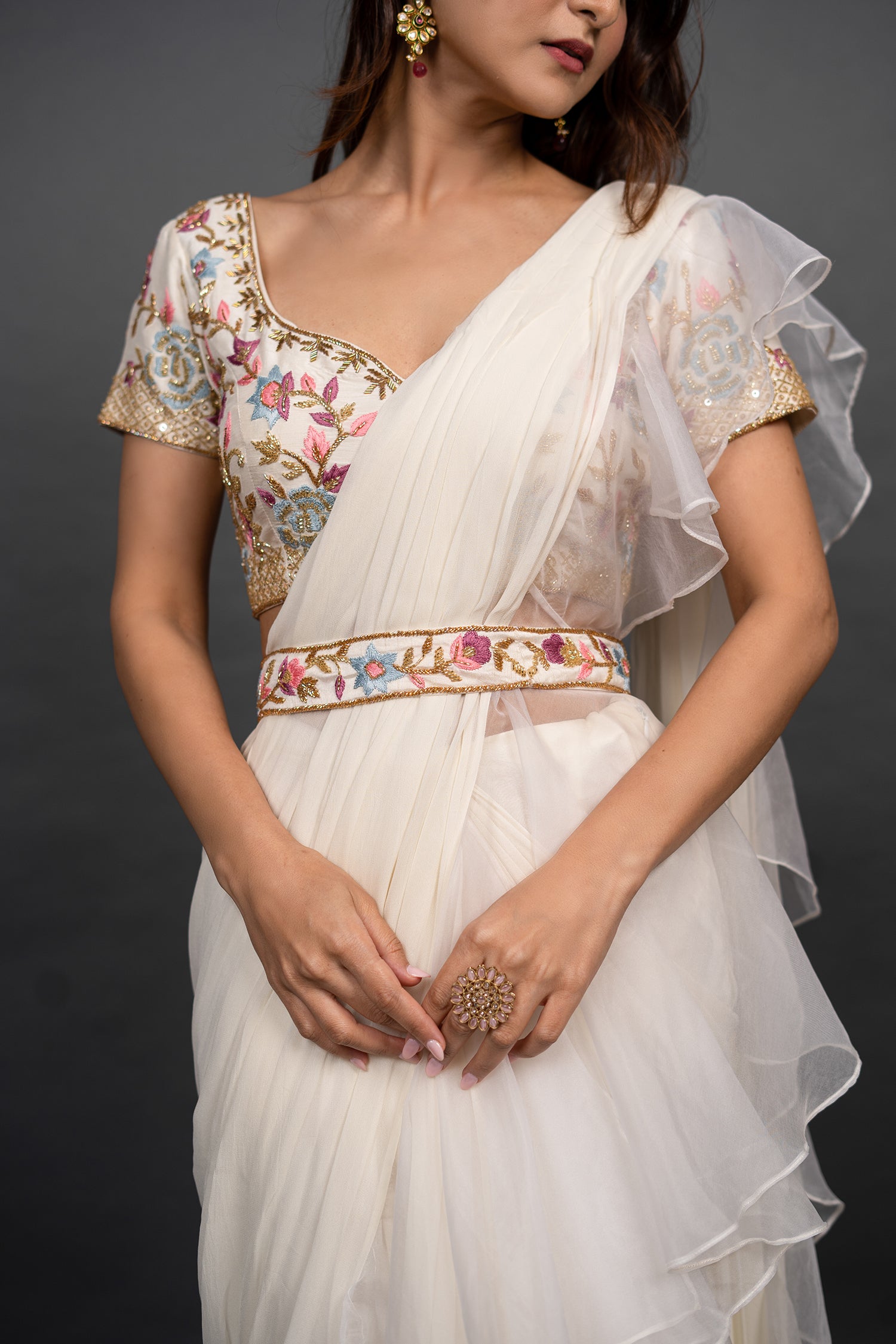 Vivacious White Pre Draped Saree